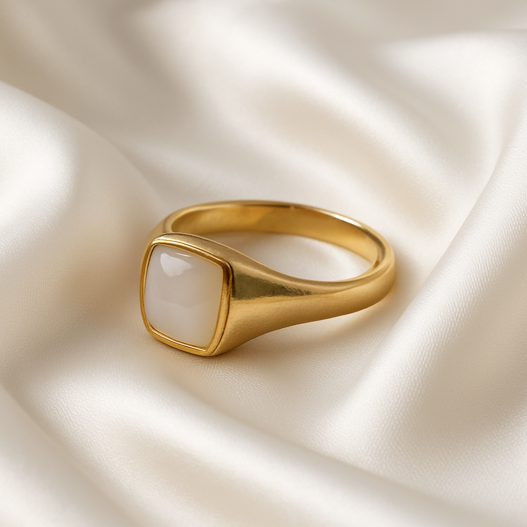 Classic Gold-Tone Signet Ring with Simulated Moonstone
