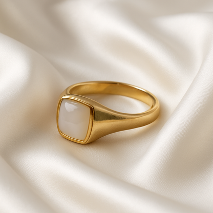 Classic Gold-Tone Signet Ring with Simulated Moonstone