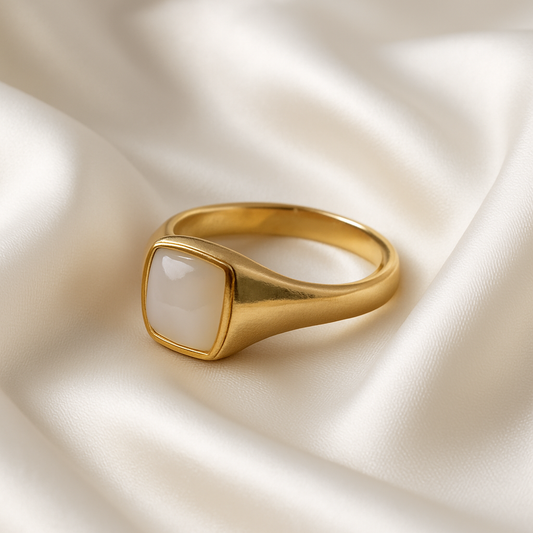 Classic Gold-Tone Signet Ring with Simulated Moonstone