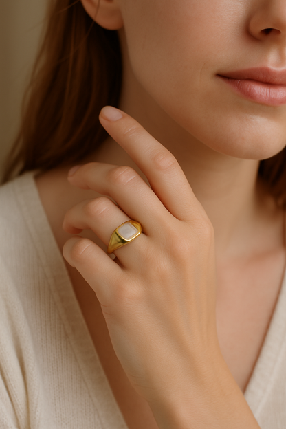 Classic Gold-Tone Signet Ring with Simulated Moonstone